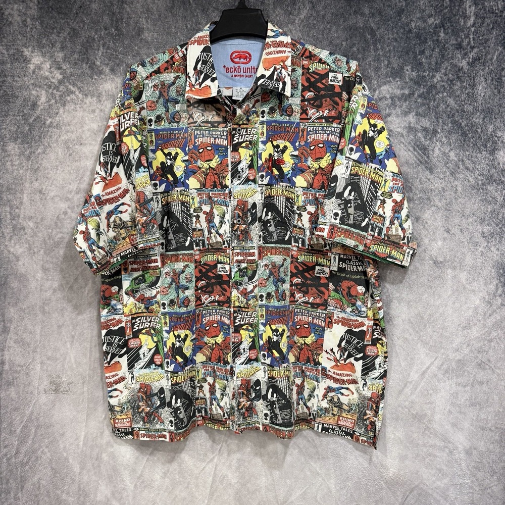 Ecko Unltd Marvel Spider-Man Men's XL Comic Print Button Shirt Short Sleeve Vtg